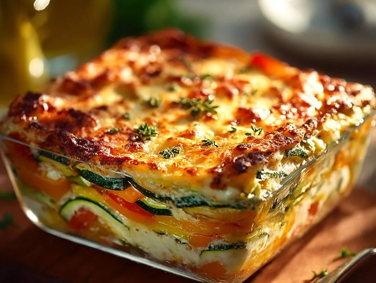 High-protein veggie lasagna with layers of fresh vegetables and cheese
