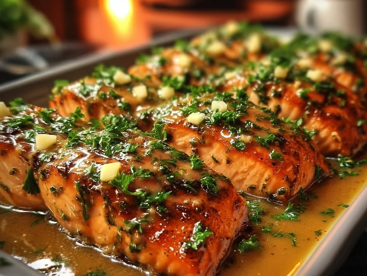 Plate of Honey-Lime Garlic Butter Baked Salmon with garnish