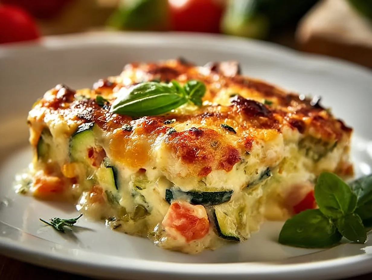 Healthy cottage cheese veggie bake with colorful vegetables in a dish