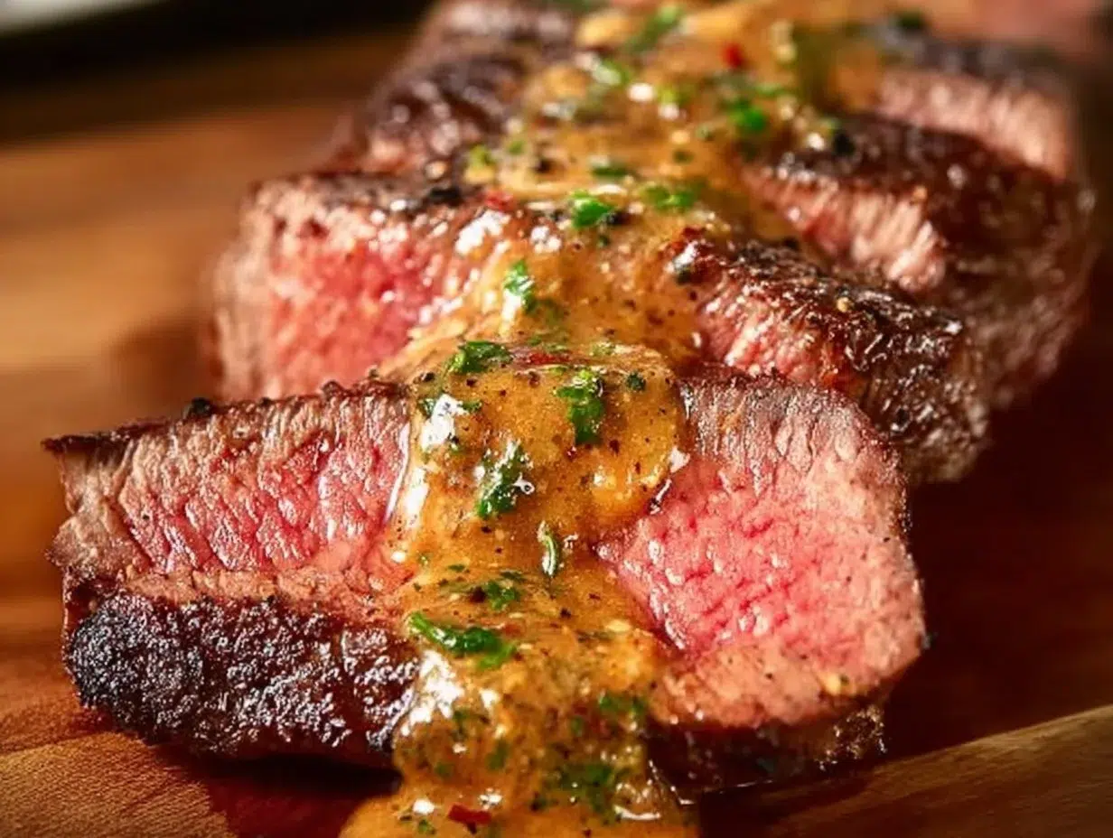 Delicious Cowboy Butter Steak served on a rustic plate with herbs.