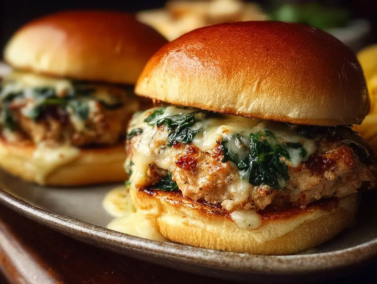 Juicy chicken burgers topped with white cheddar cheese and fresh spinach