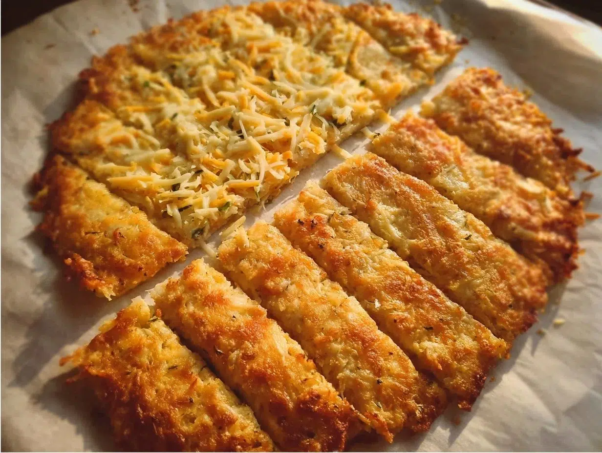Every Meal, Made Irresistible 5 Low-carb cheesy bread made with mozzarella and almond flour on a wooden board.