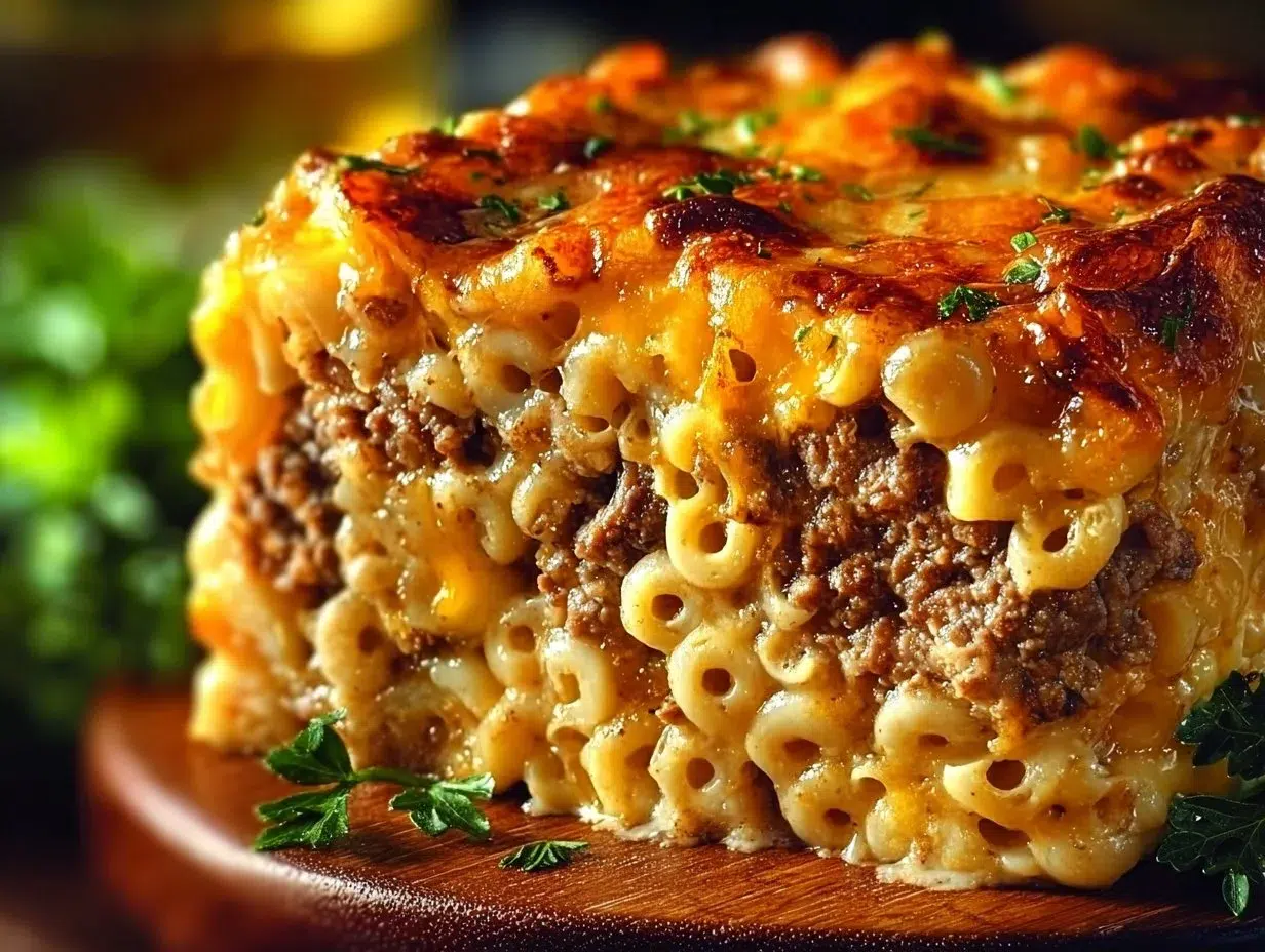 Mac and Cheese Meatloaf Casserole served in a dish, topped with cheese and herbs.