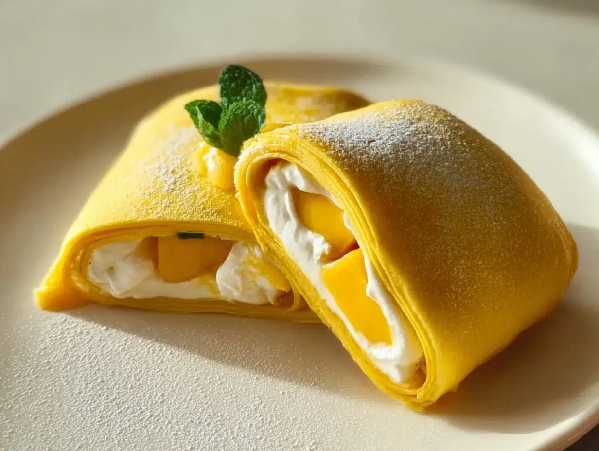 Stack of fluffy mango pancakes topped with fresh mango slices and syrup