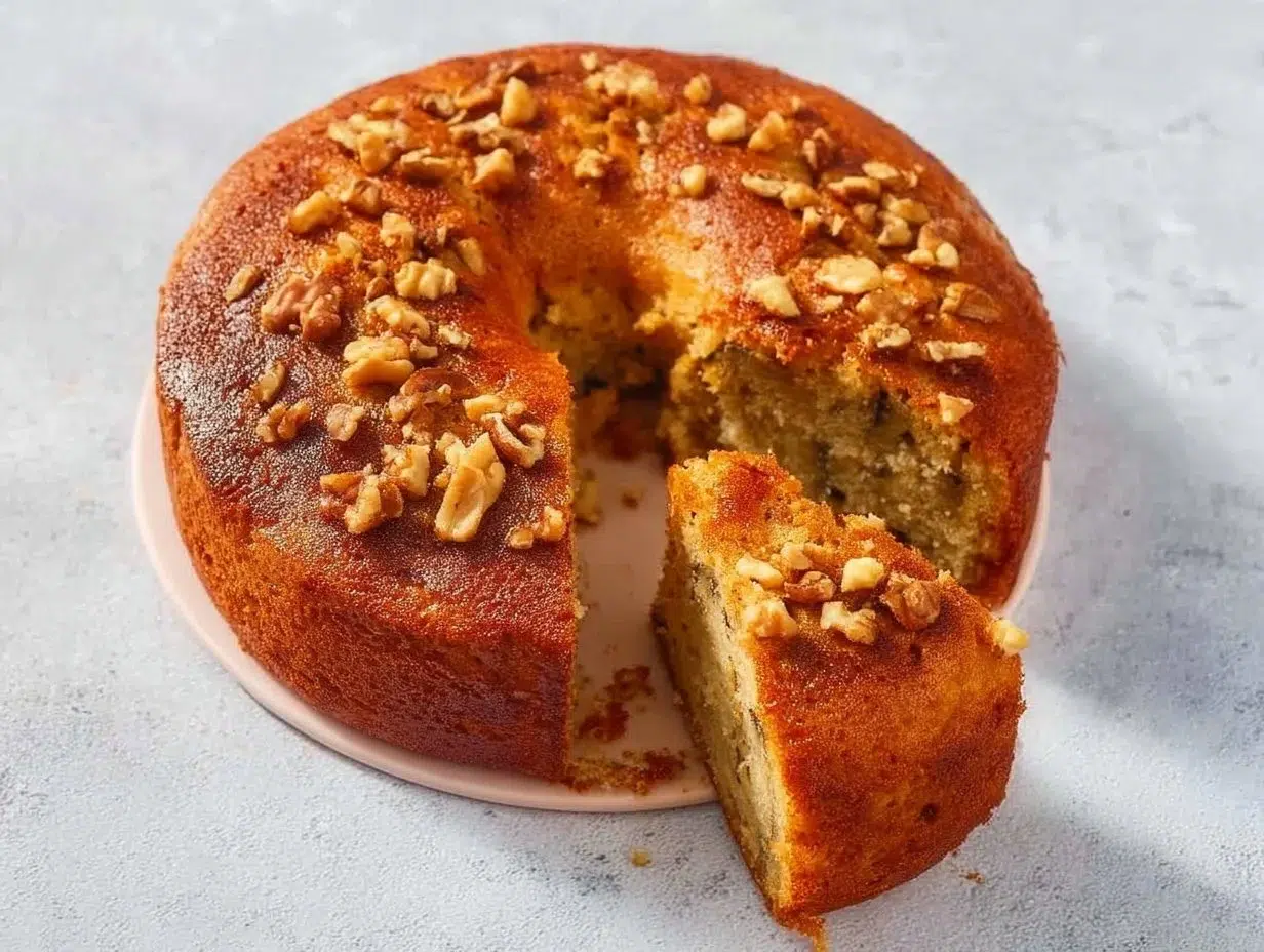 Moist air fryer banana cake served on a plate with fresh bananas.