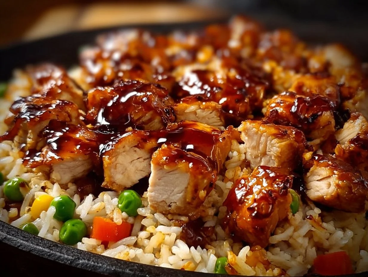 One-Pan Bold Honey BBQ Chicken Rice dish served warm with vibrant garnishes.