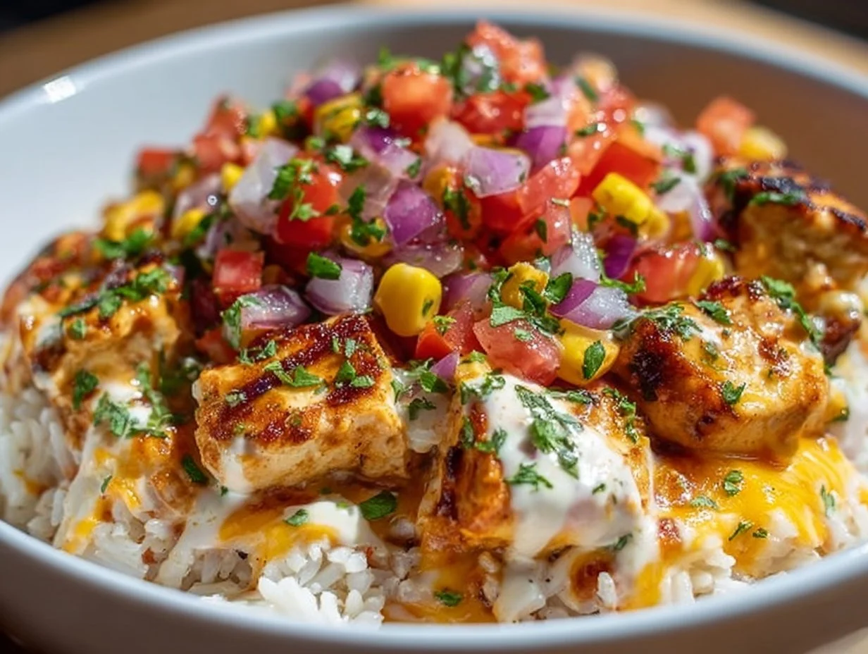 One-Pot Cheesy Southwest Chicken and Rice in a bowl with toppings.