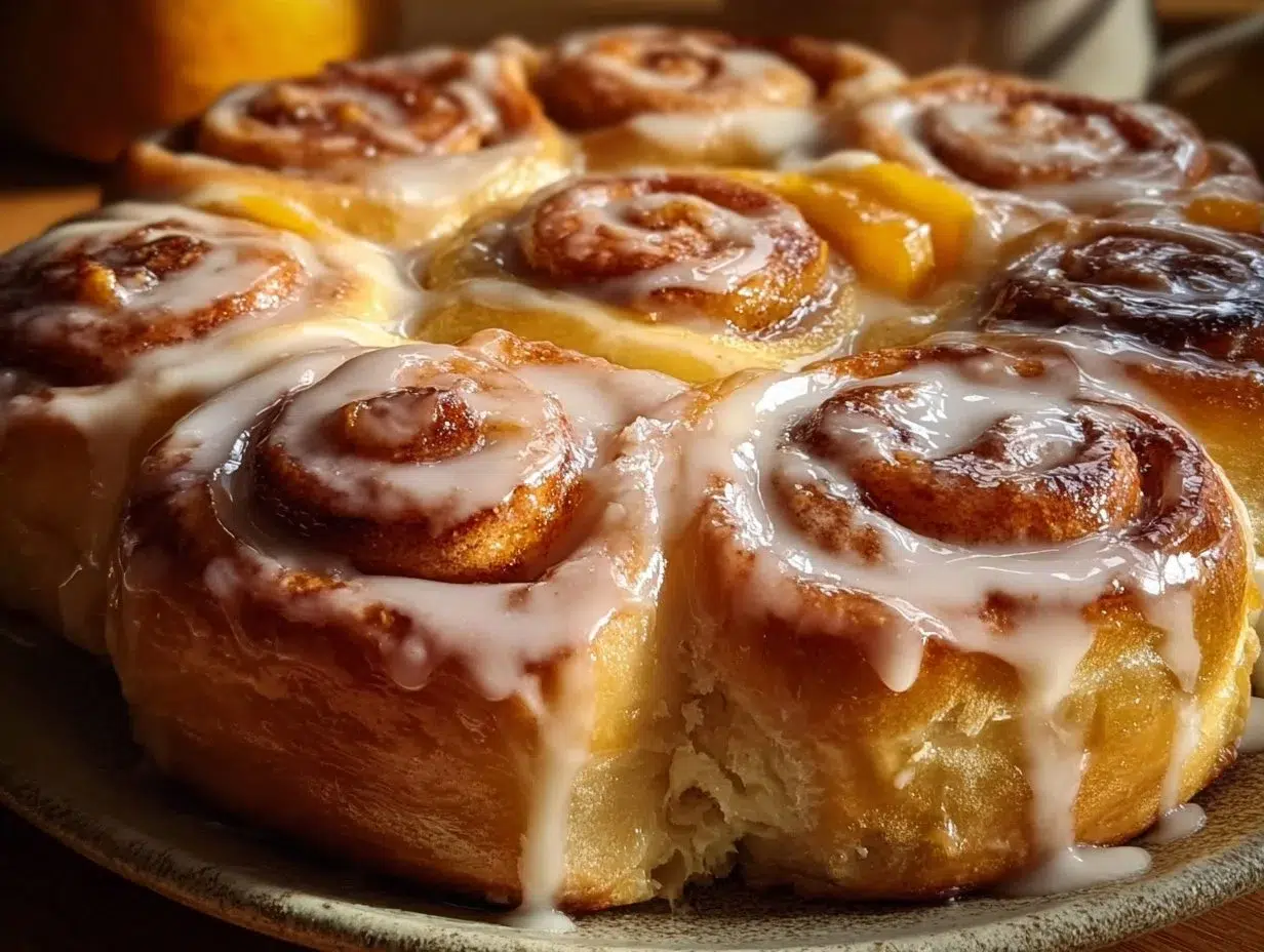 Delicious Peach Pie Cinnamon Rolls topped with icing and fresh peaches.