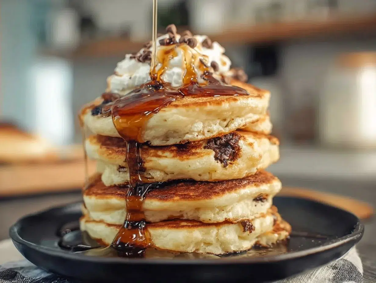 Stack of perfect chocolate chip pancakes topped with syrup and chocolate chips