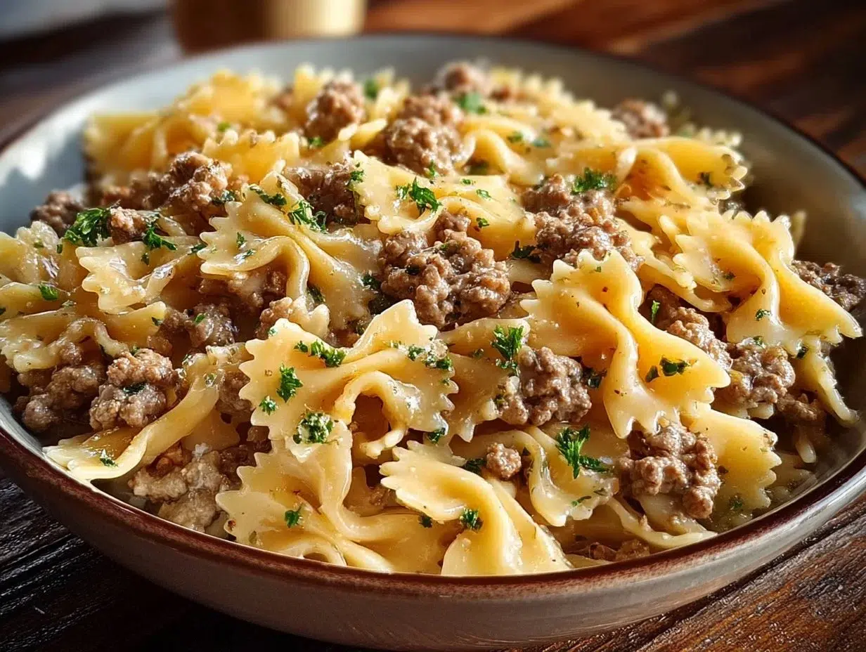 Delicious garlic butter beef served with pasta in a savory sauce.