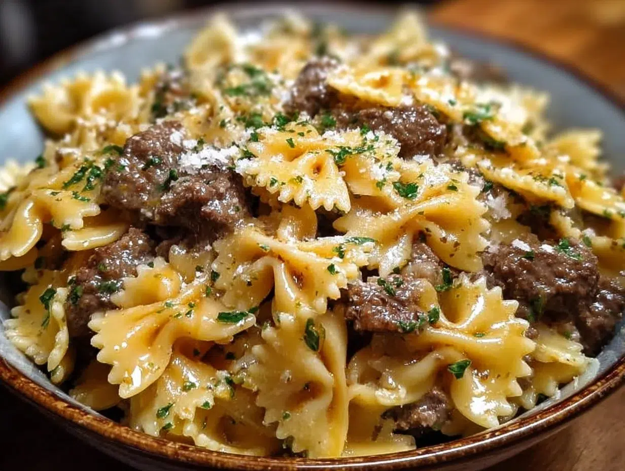 Garlic Butter Beef & Cheesy Bowtie Pasta