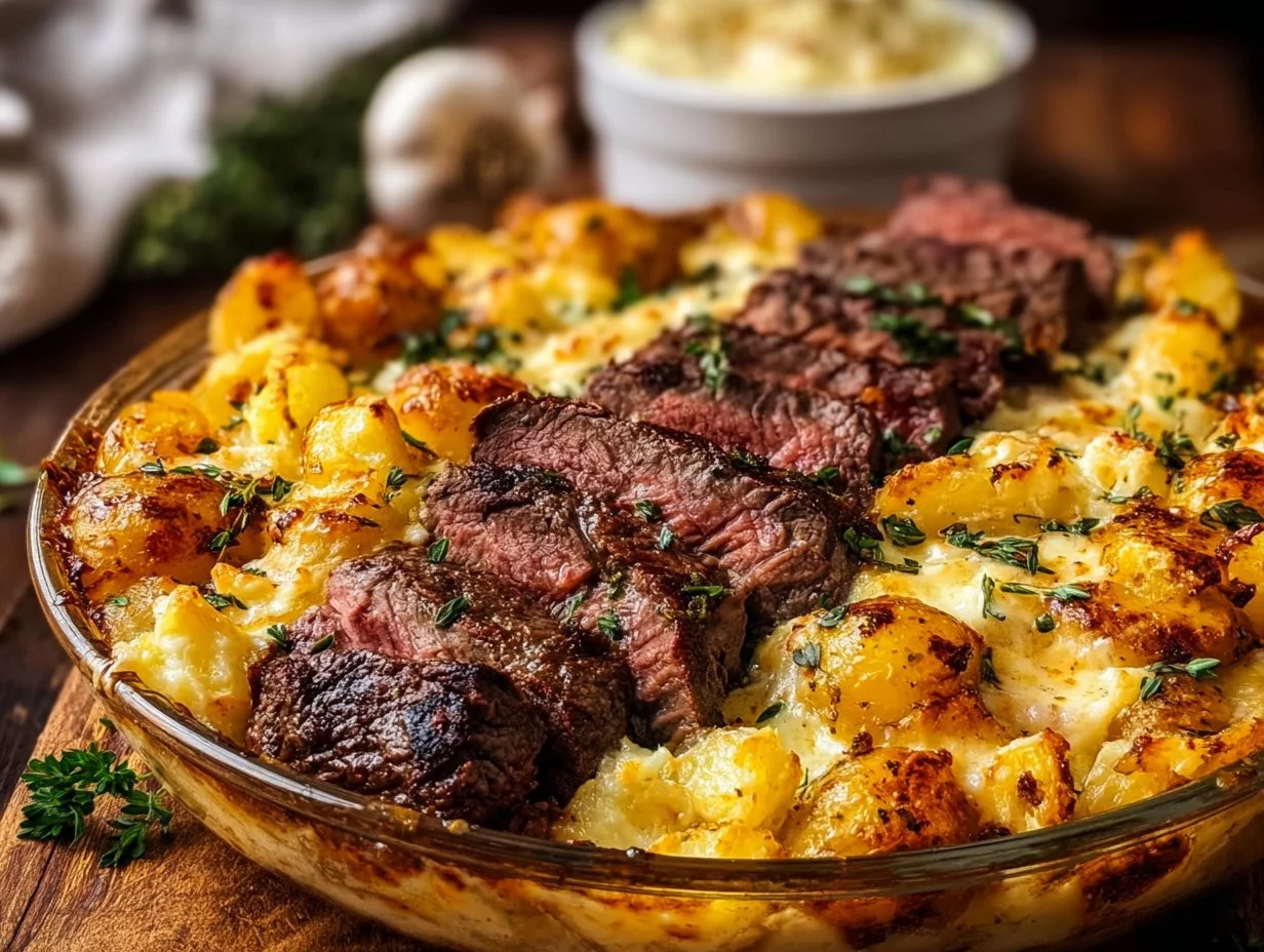 Garlic Butter Steak & Cheddar Potato Bake