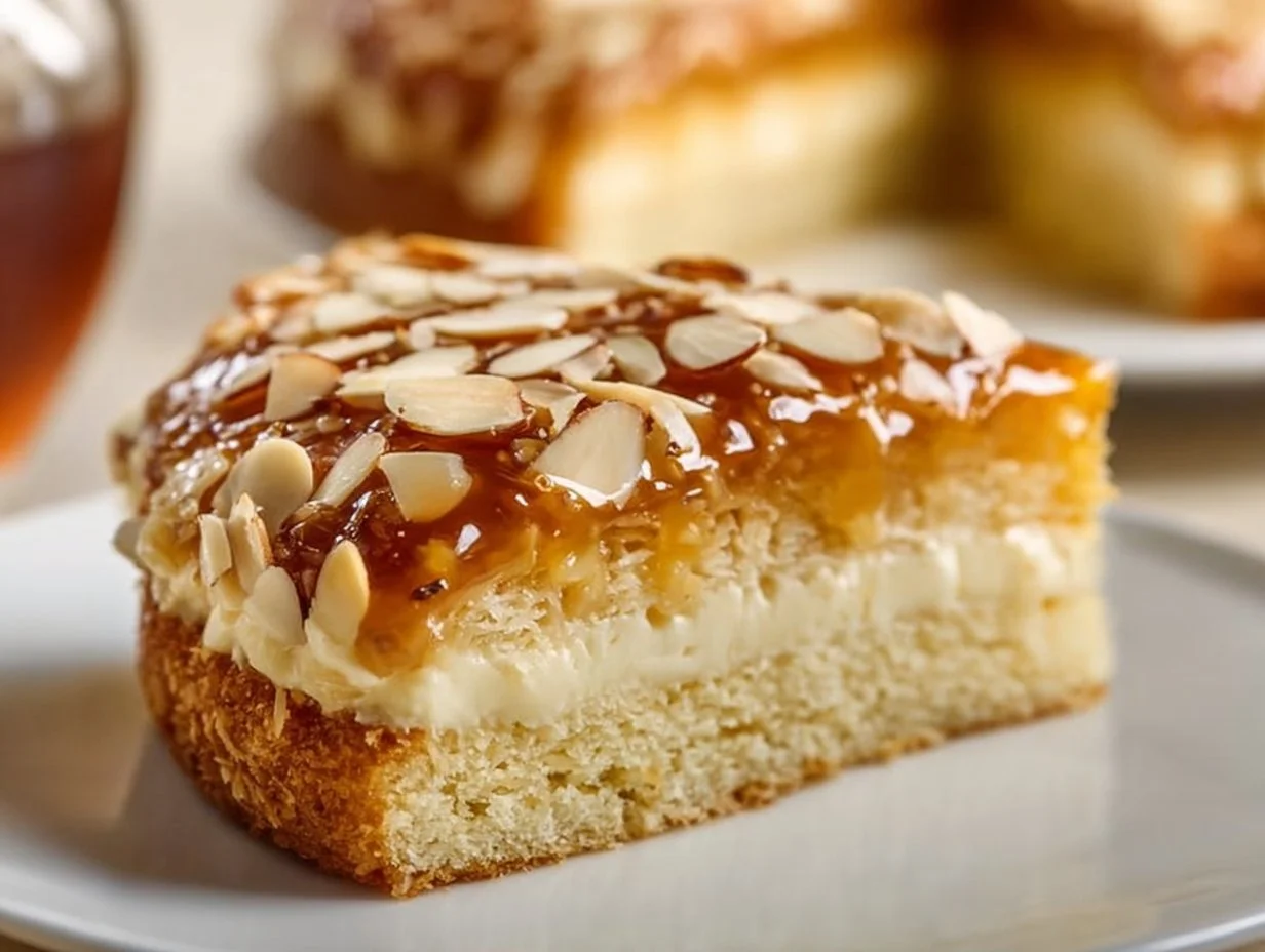 Slice of perfect German Bee Sting Cake topped with honey and almond flakes
