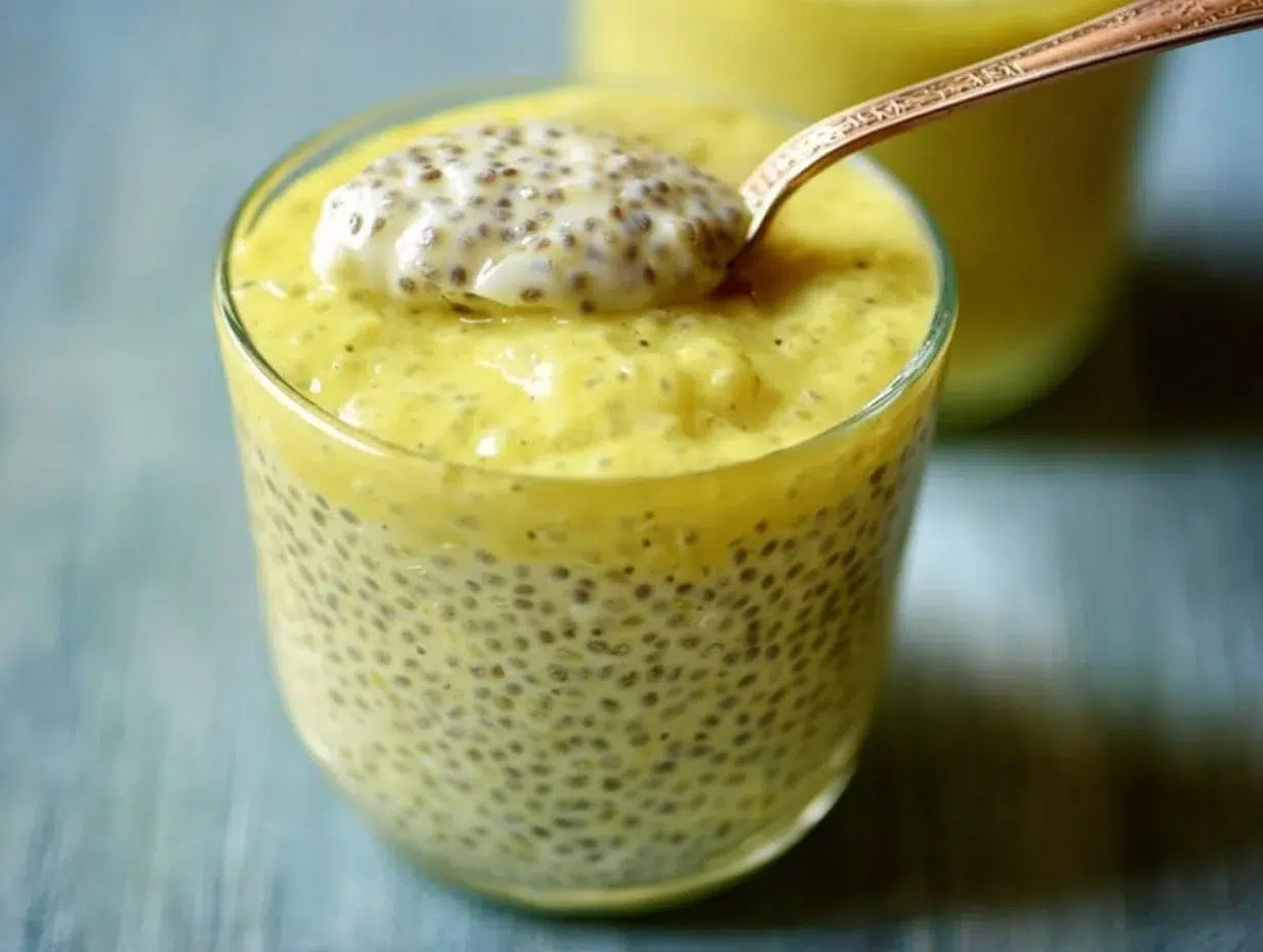 A bowl of creamy lemon curd chia pudding topped with fresh fruit.