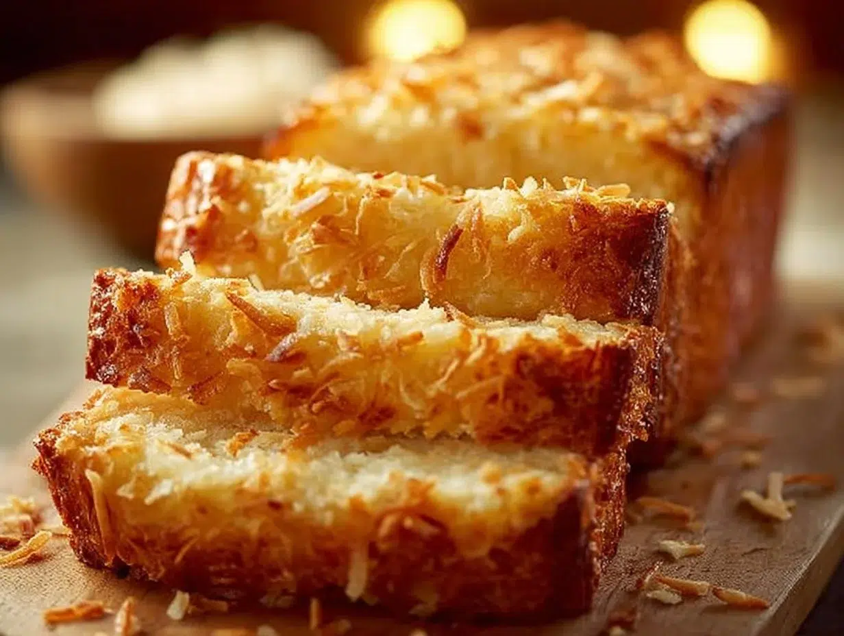 Moist and sweet Pineapple Coconut Bread topped with coconut flakes