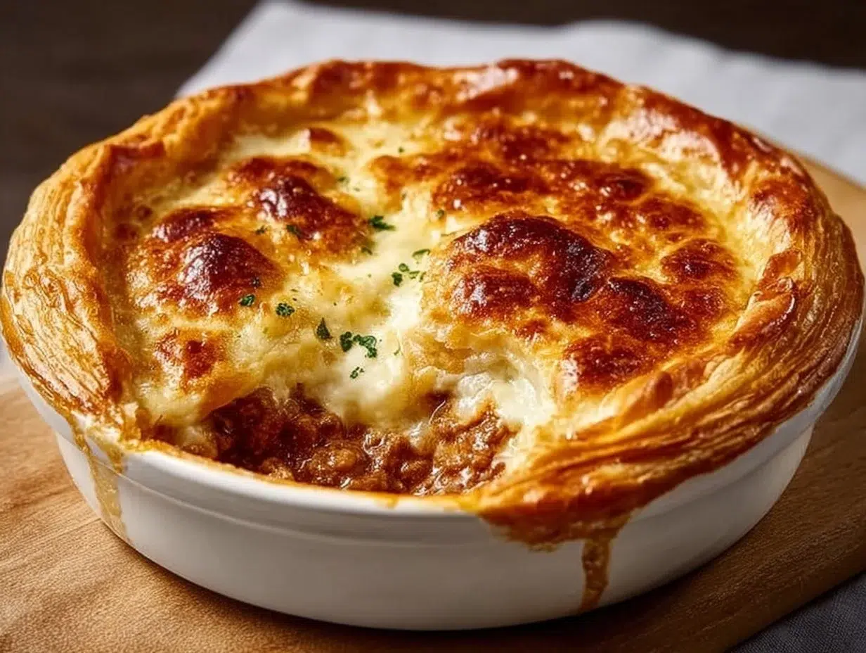 Delicious Pizza Pot Pie with golden crust and melty cheese fresh out of the oven.