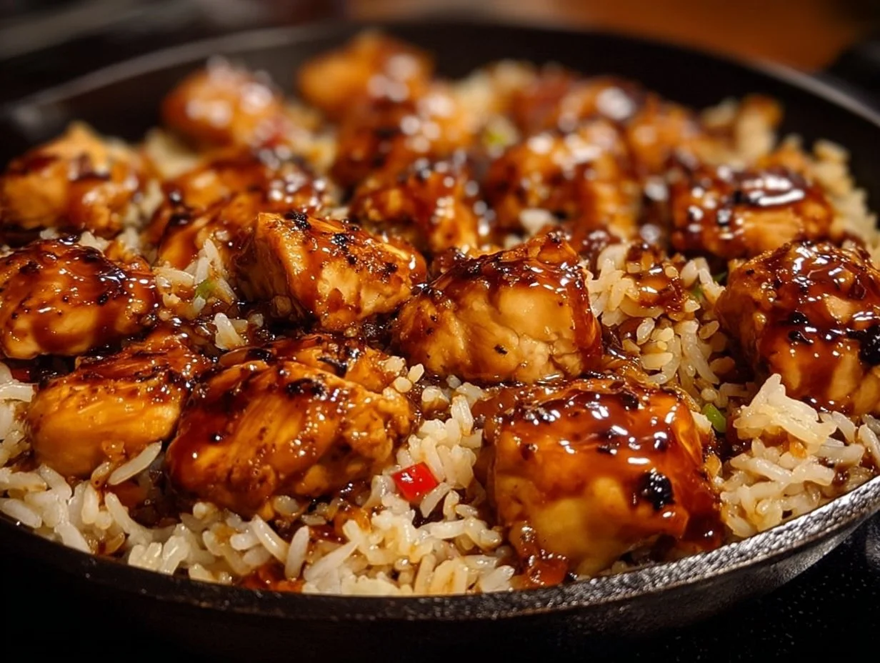 Plate of BBQ Honey Chicken served with rice and vegetables