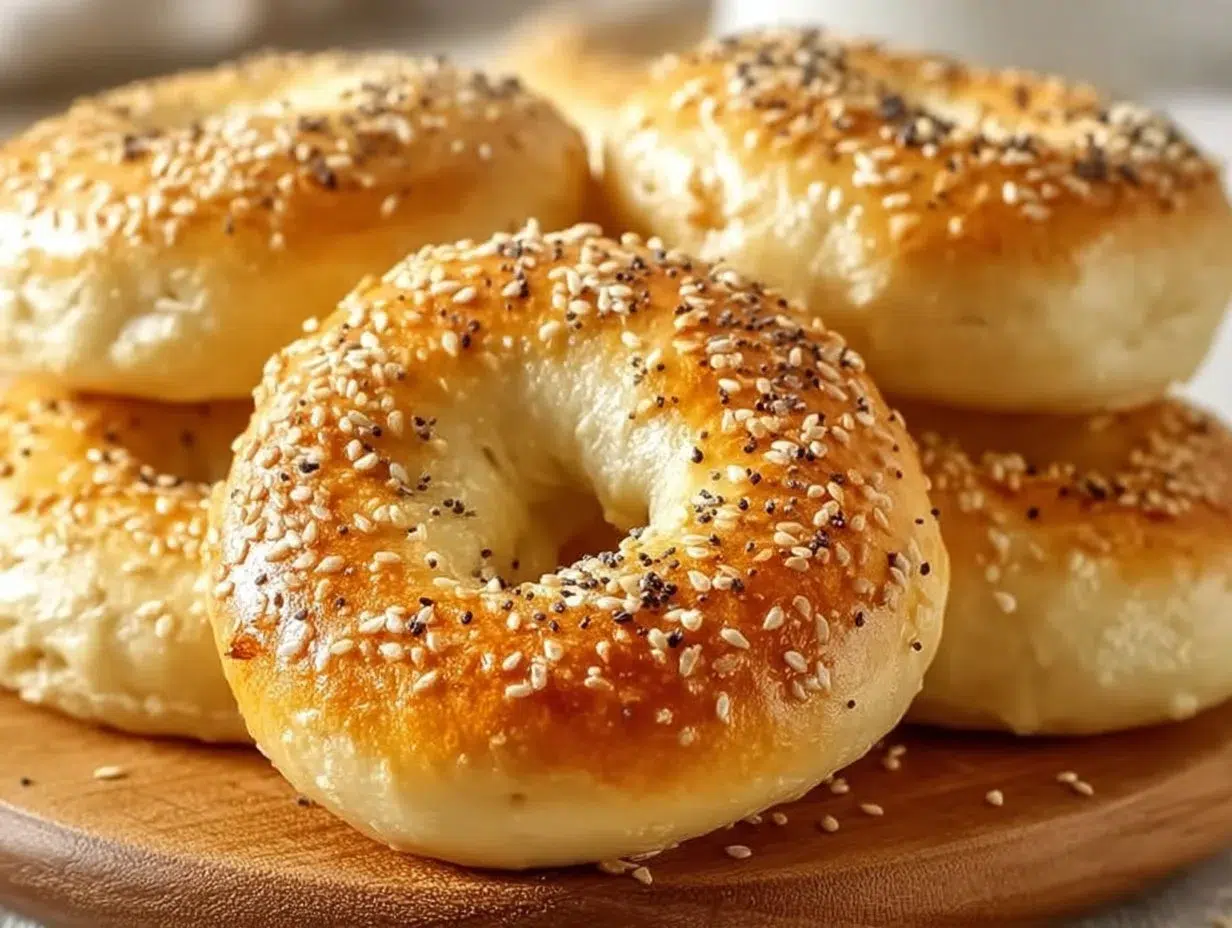 Every Meal, Made Irresistible 10 Simple cottage cheese almond flour bagel topped with herbs on a wooden board