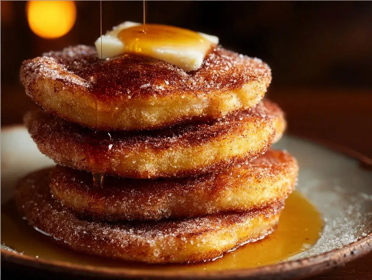 Delicious churro pancakes topped with cinnamon sugar and chocolate sauce
