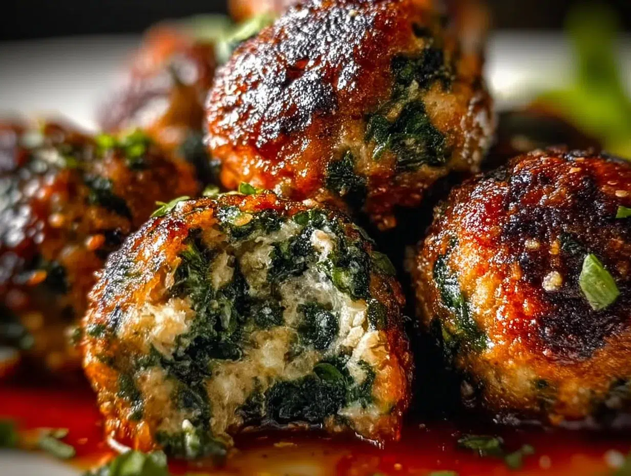 Spinach and garlic meatballs served in a bowl