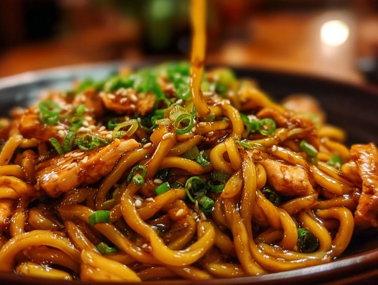Plate of sticky garlic chicken noodles garnished with green onions.
