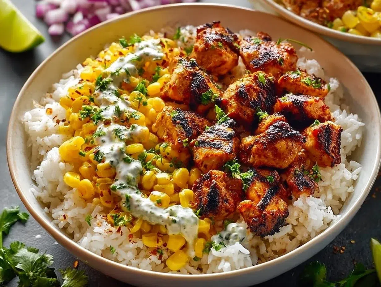 Delicious Street Corn Chicken Rice Bowl with grilled chicken and fresh toppings