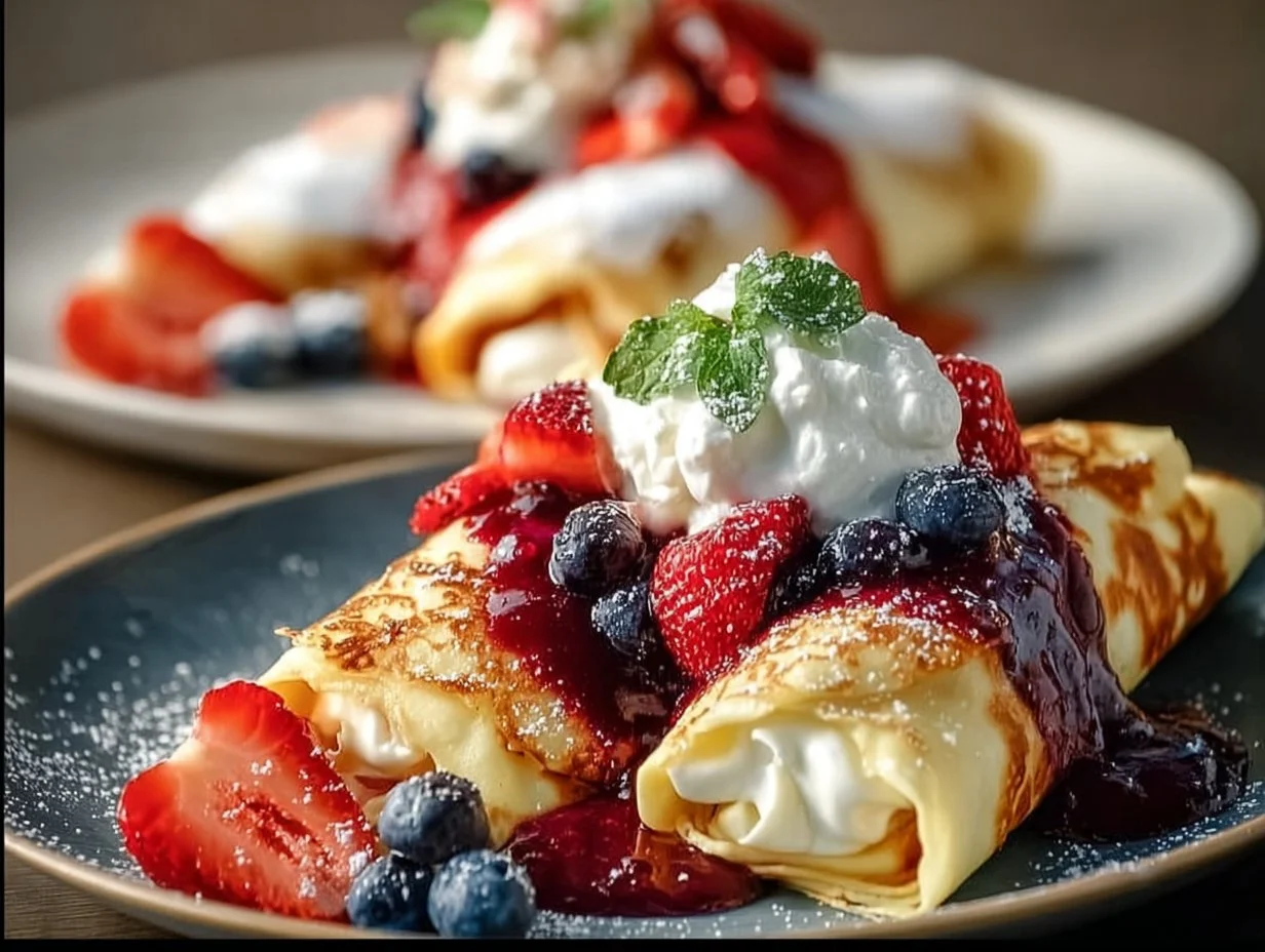 Sweet cheese blintzes garnished with berry sauce on a white plate