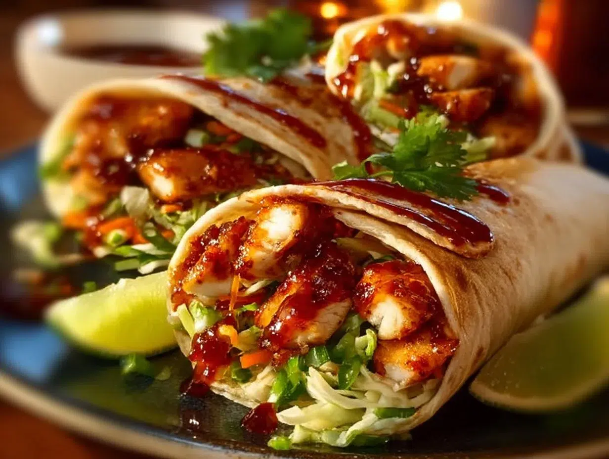 Sweet chili chicken wraps filled with fresh ingredients and drizzled with sauce