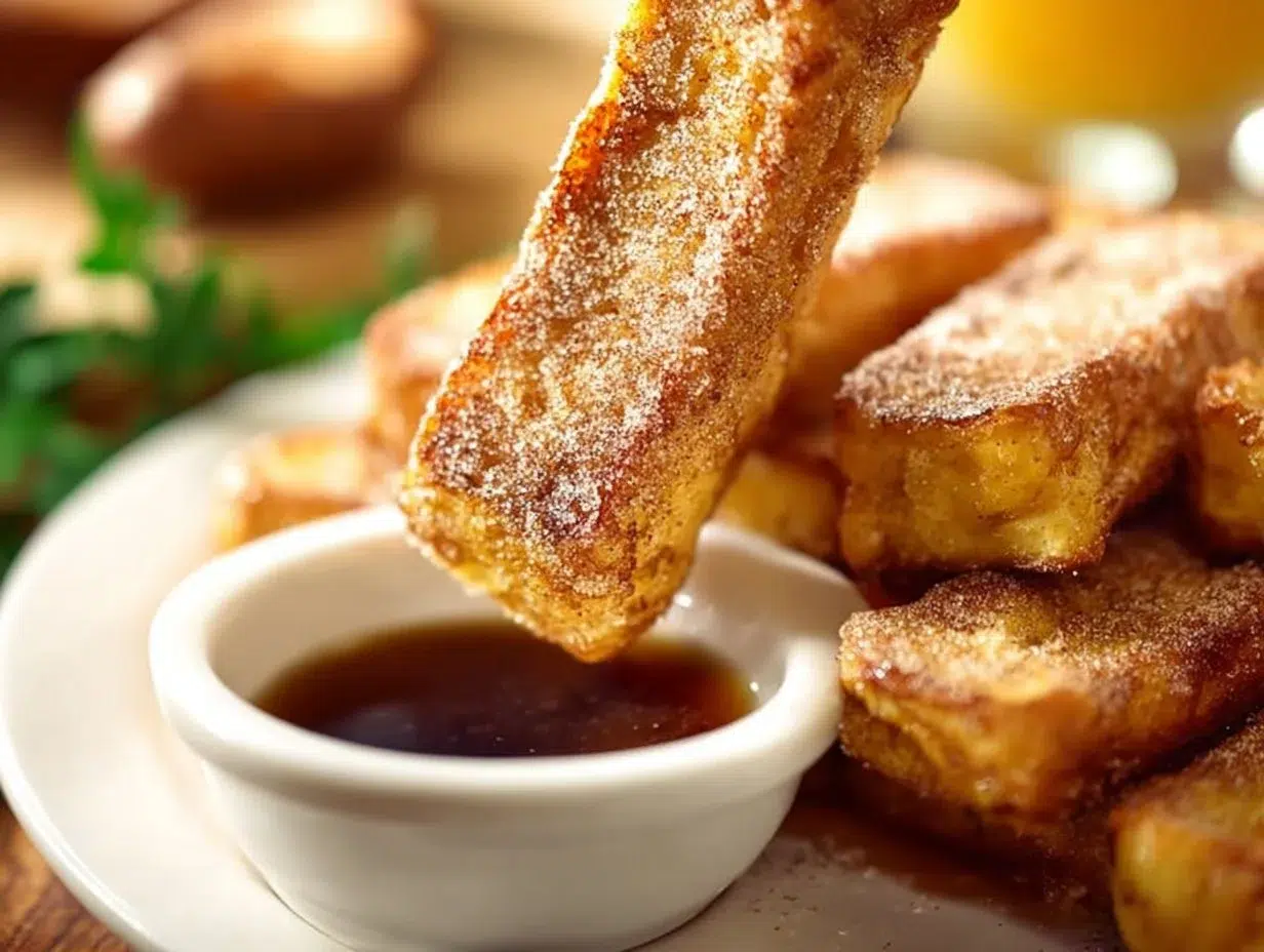 Easy French Toast Sticks with cinnamon sugar, cooked in an air fryer for breakfast.