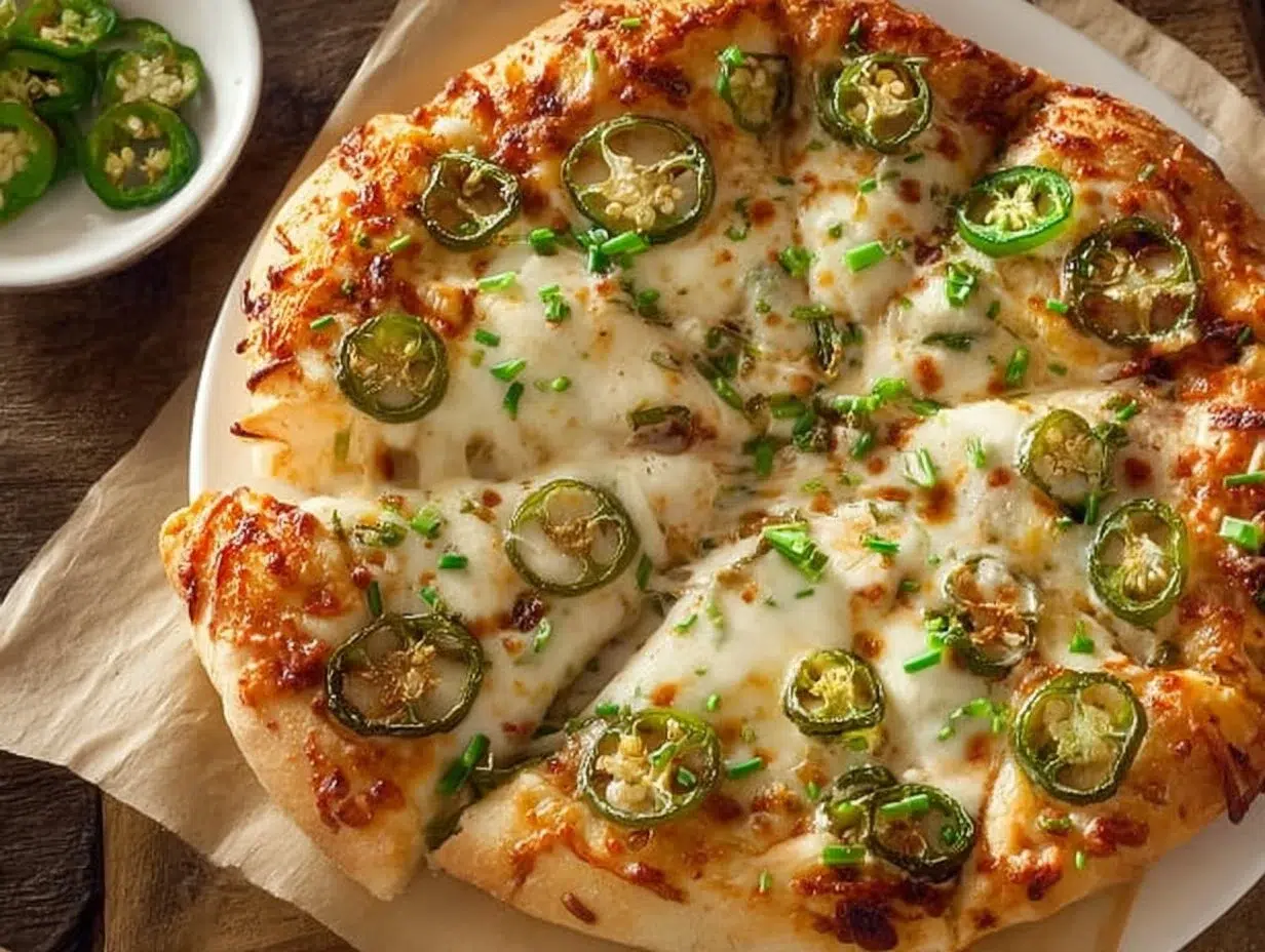 Ultimate Jalapeño Popper Pizza topped with jalapeños and cheese