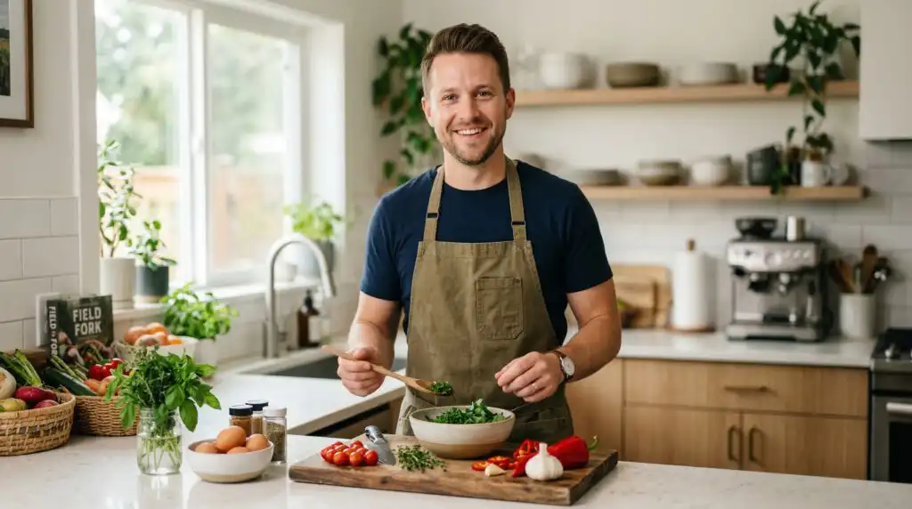 Alex Parker recipe developer at Irresistible Meals preparing ingredients in a home kitchen