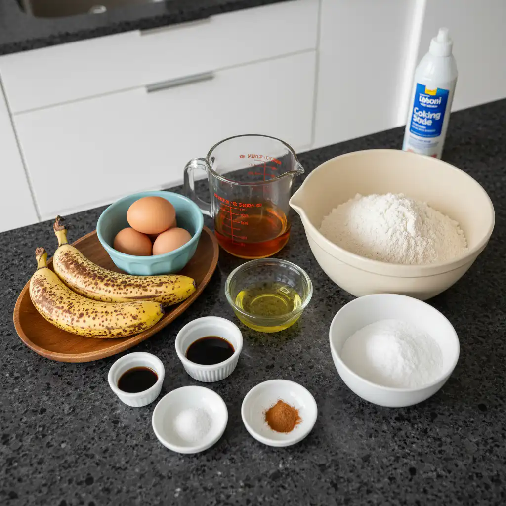 A flat lay of fresh ingredients for baking almond flour banana bread, including ripe bananas, almond flour, and spices.