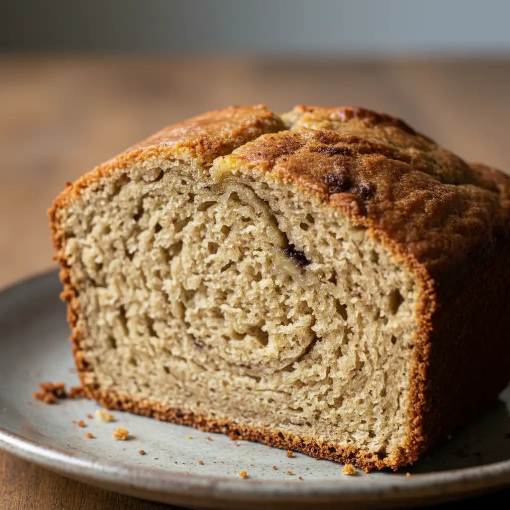 A delicious slice of moist almond flour banana bread on a rustic wooden board, garnished with pecans, ready to be enjoyed.
