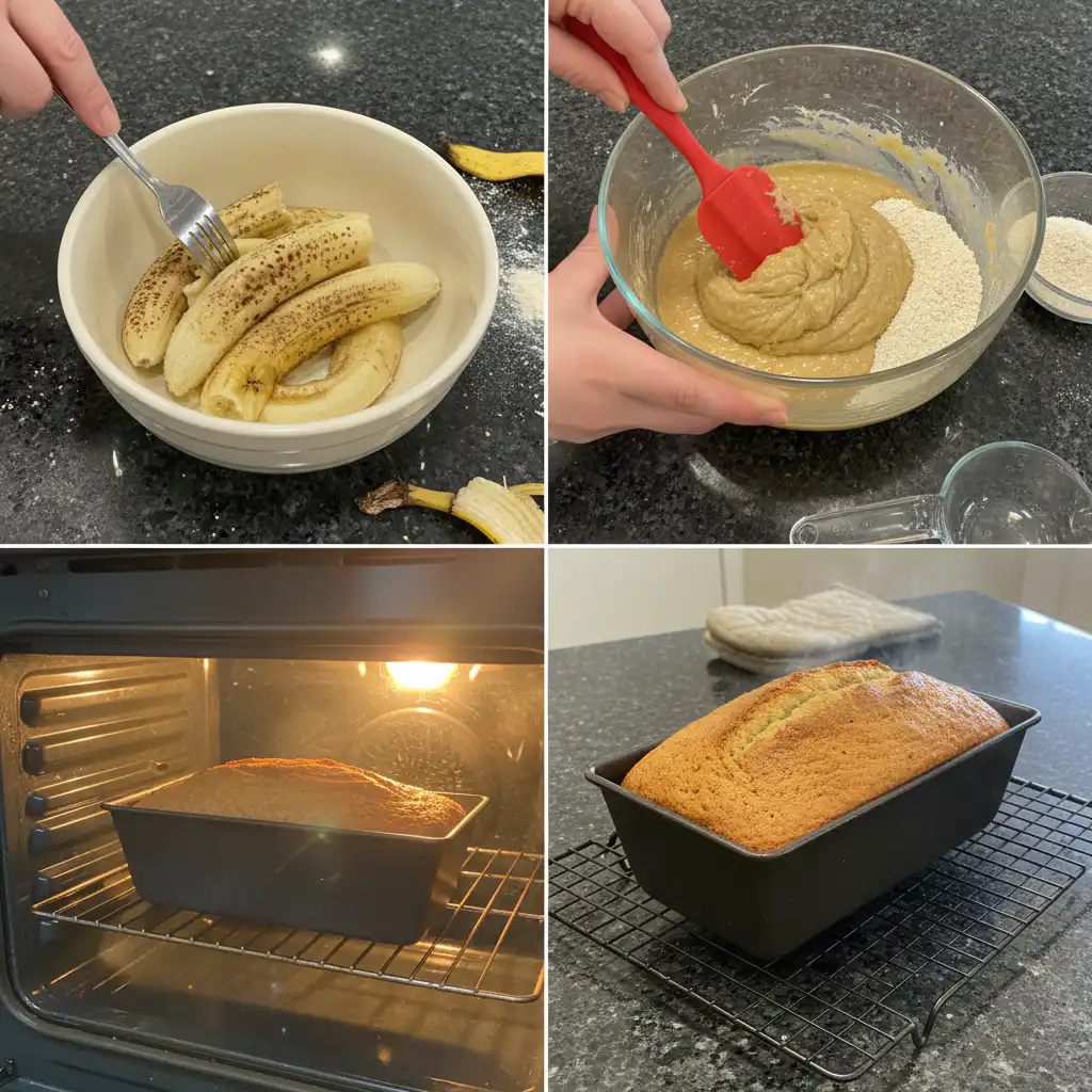 Hands pouring the thick, golden batter for almond flour banana bread into a greased loaf pan, ready for baking.