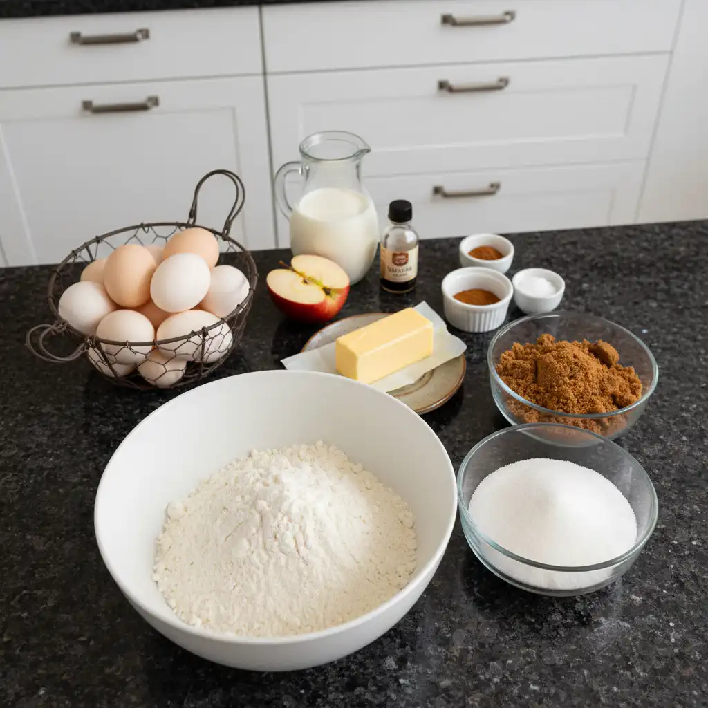 Fresh apples, cinnamon sticks, flour, sugar, and other baking ingredients laid out for apple cinnamon bread.