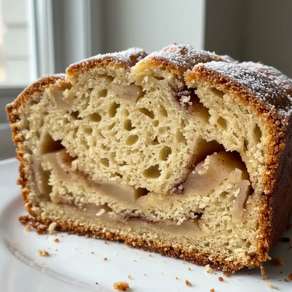 A warm, golden-brown loaf of apple cinnamon bread, sliced, with a sweet glaze drizzled over the top.
