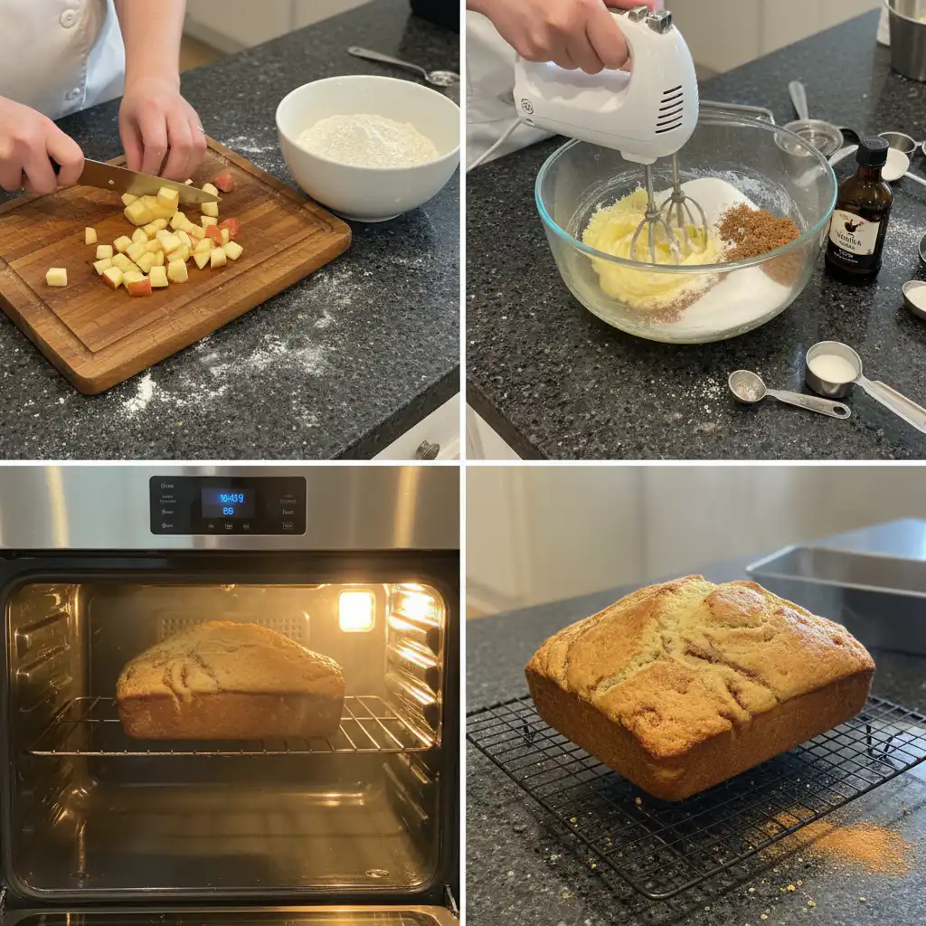 Mixing diced apples and cinnamon into the batter for a homemade apple cinnamon bread in a large bowl.