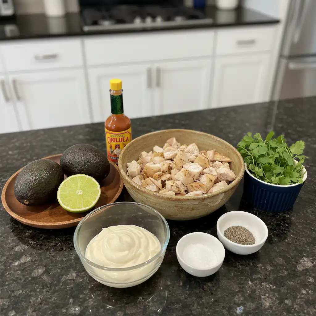 avocado-chicken-salad-ingredients Fresh ingredients for avocado chicken salad displayed on a wooden board, including ripe avocados, cooked chicken, red onion, and cilantro.