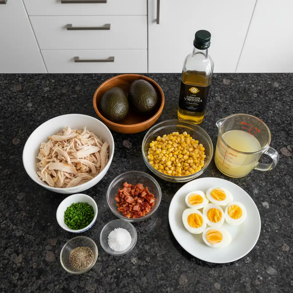 Fresh ingredients like ripe avocados, cooked chicken, celery, and herbs laid out for avocado chicken salad.