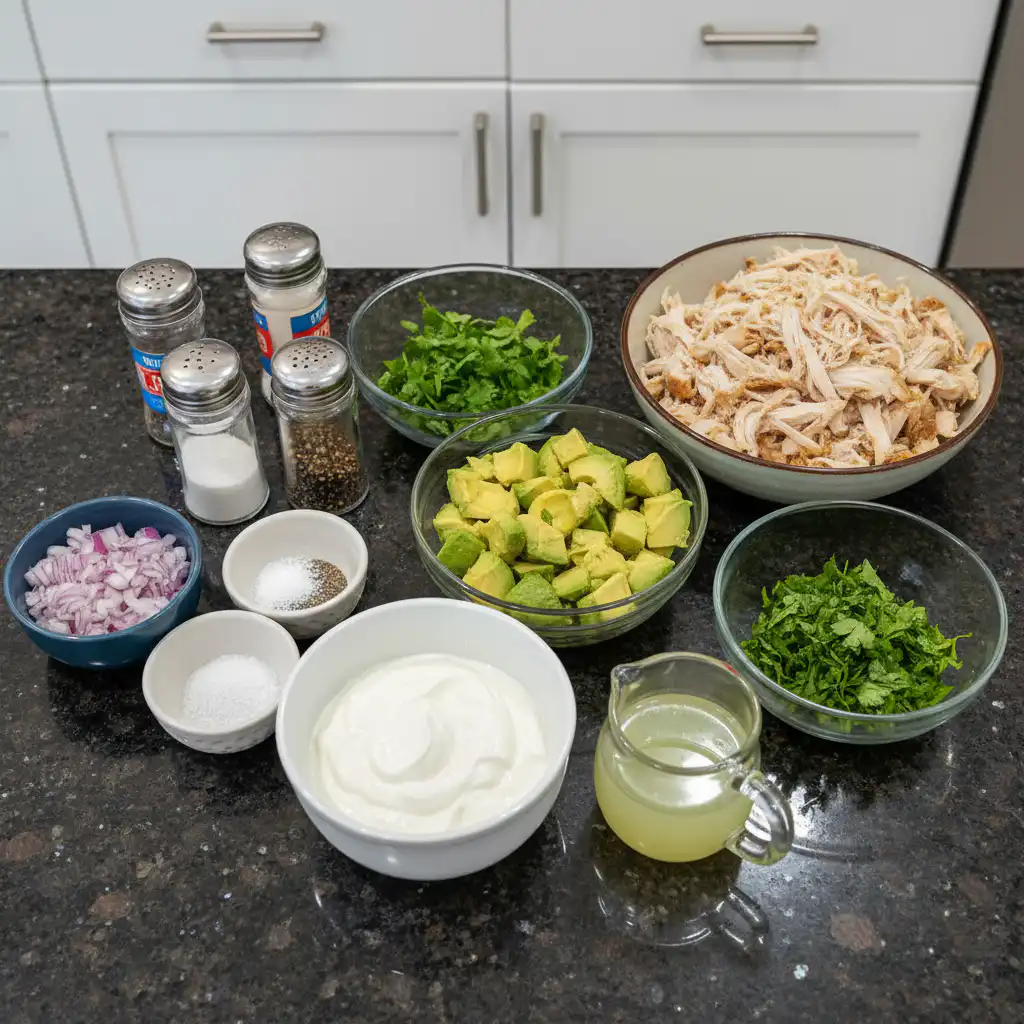 Fresh ingredients laid out for healthy avocado chicken salad, including ripe avocados, cooked chicken, red onion, and cilantro.