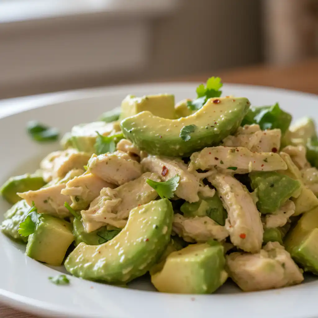 A creamy avocado chicken salad served in a bowl, garnished with fresh cilantro, ready to be enjoyed.