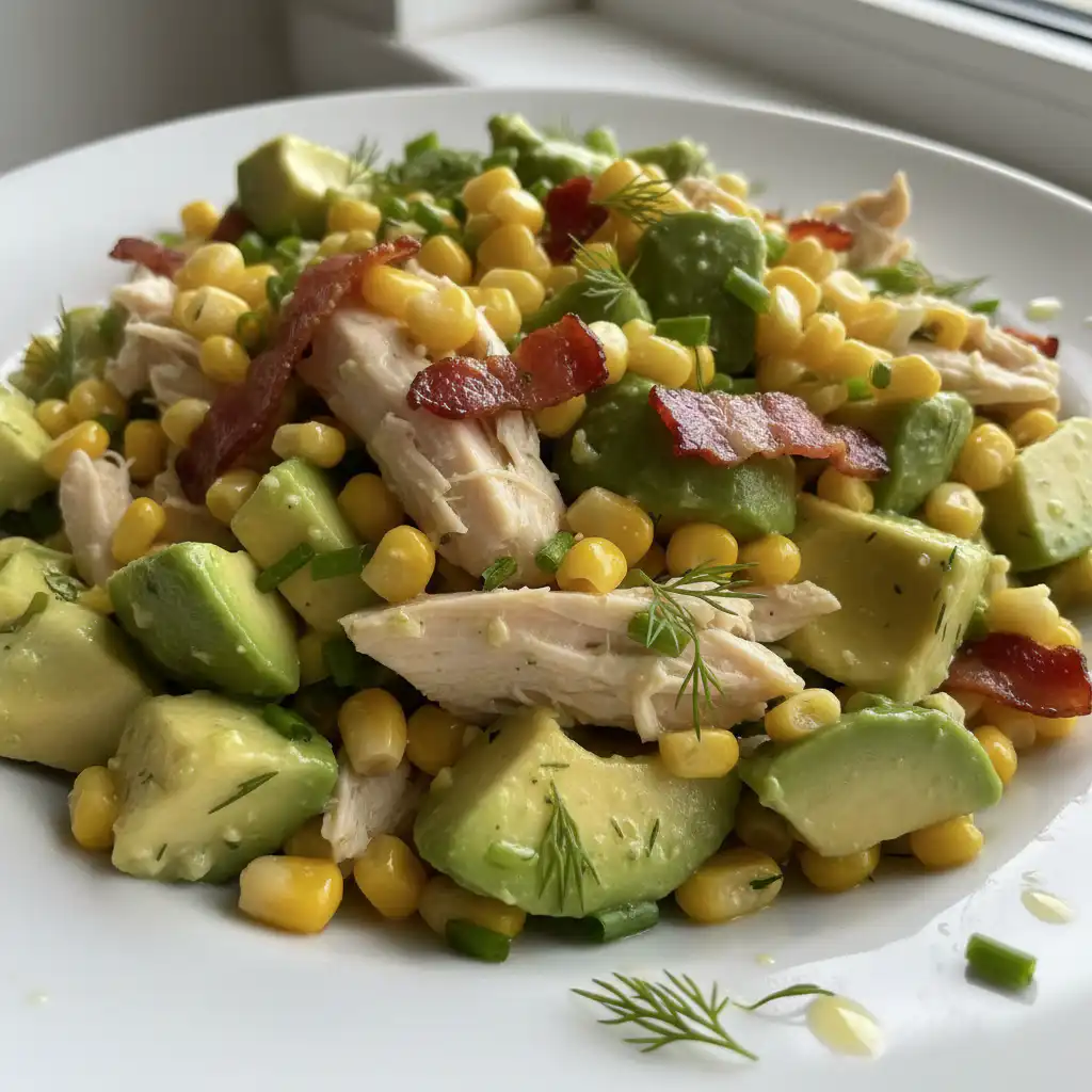 A vibrant bowl of creamy avocado chicken salad with fresh herbs and tomatoes, ready to serve.