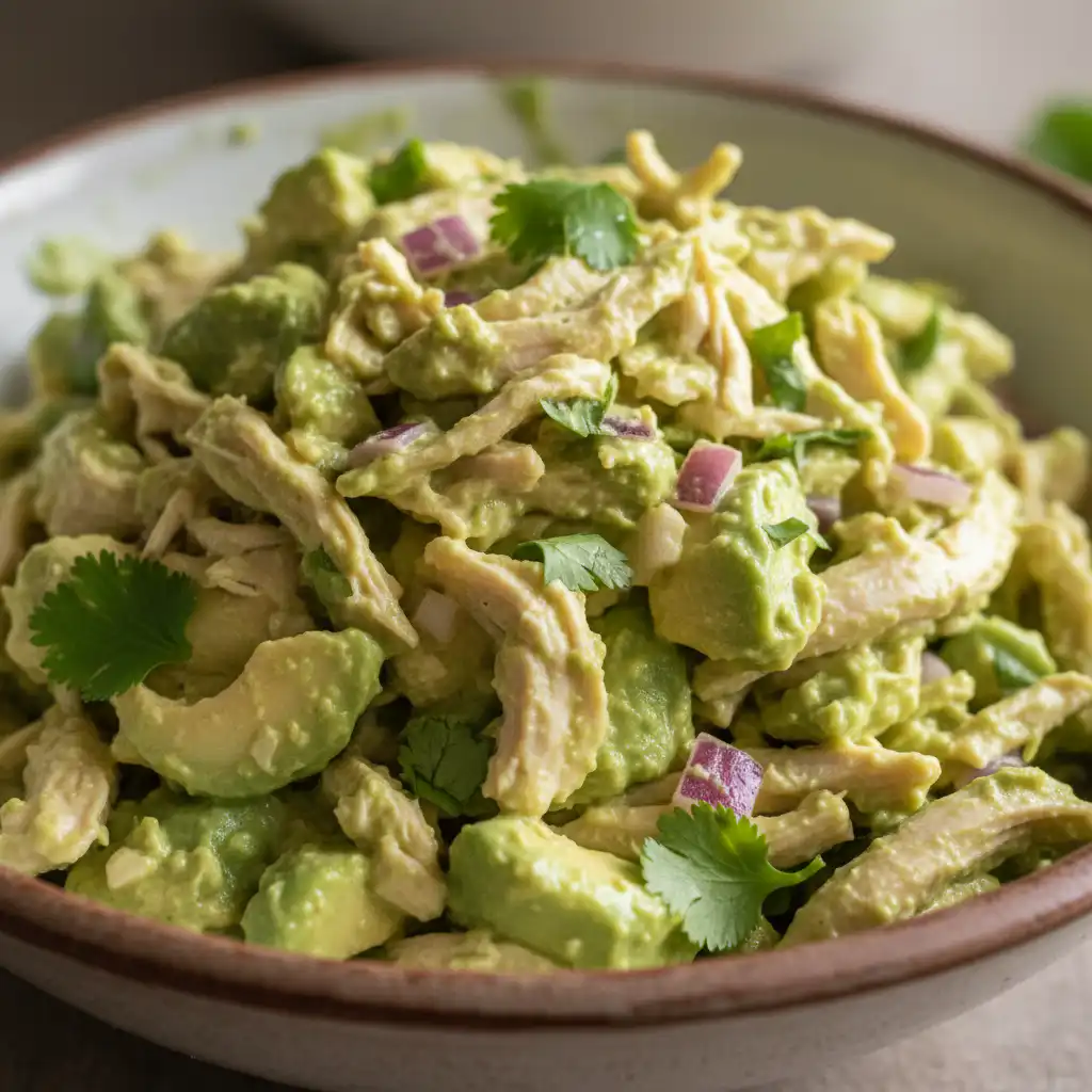 Every Meal, Made Irresistible 10 Creamy avocado chicken salad served in a bowl, garnished with fresh cilantro and a lime wedge.