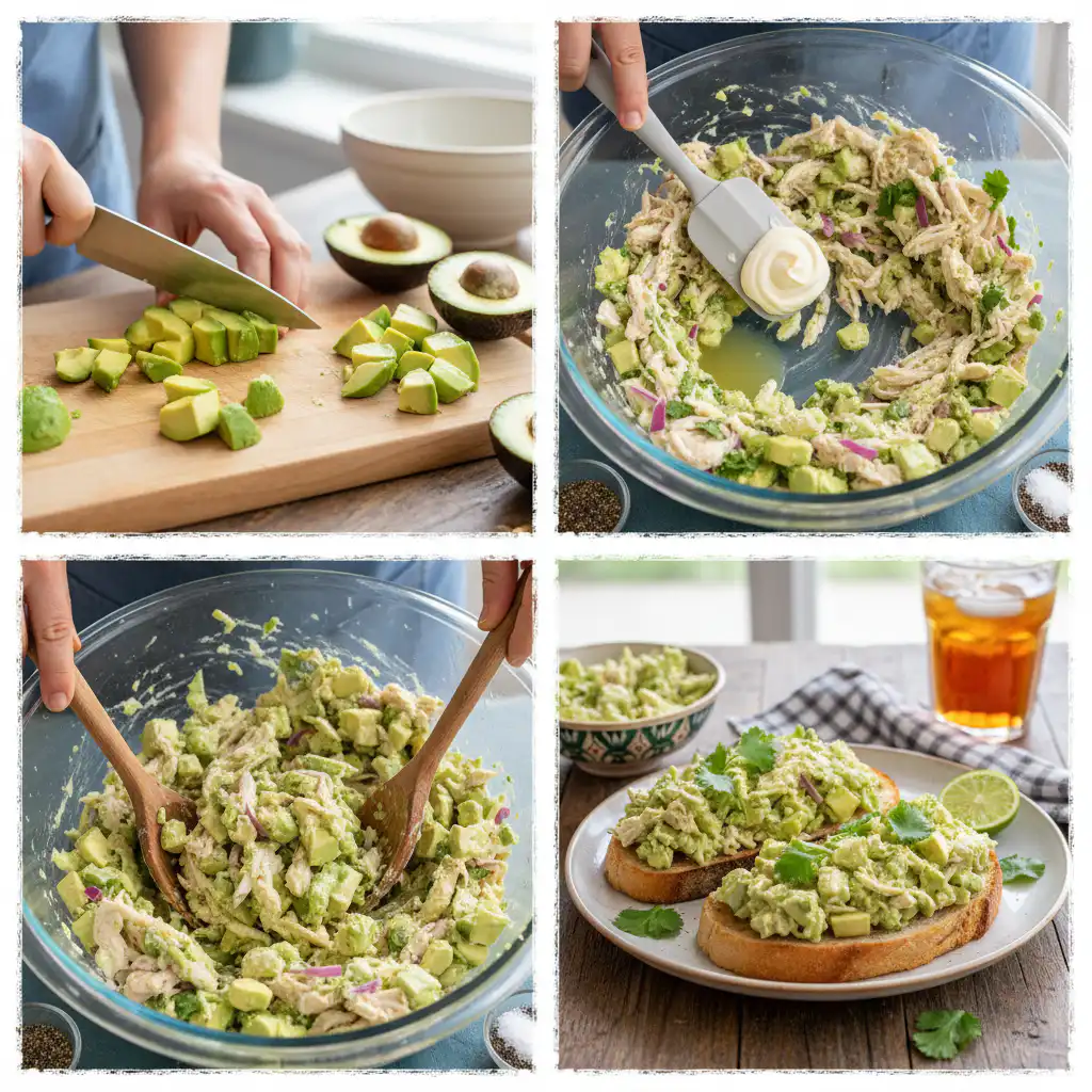 avocado-chicken-salad-prep-step A chef's hands mashing ripe avocados in a bowl, a key step in preparing a creamy avocado chicken salad.