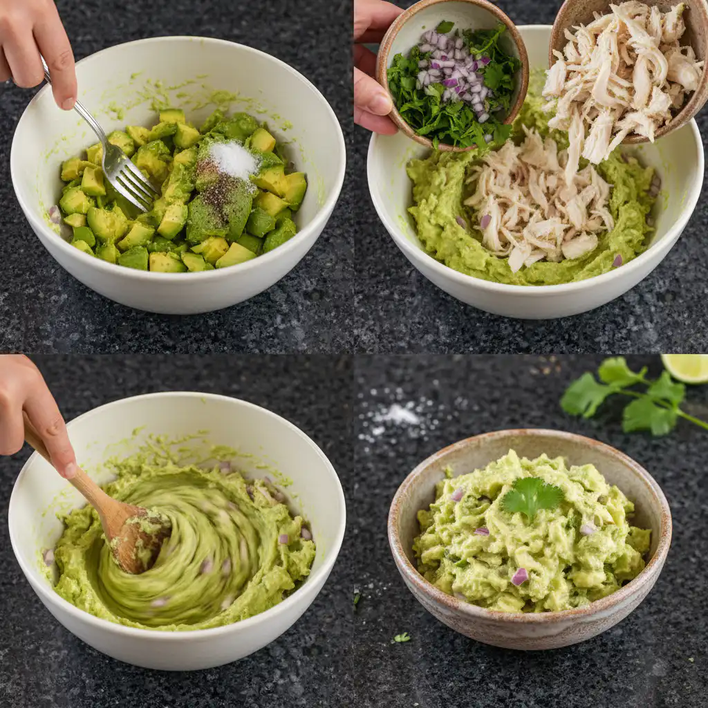 A chef is mashing ripe avocados in a bowl, a key step in preparing the creamy avocado chicken salad.