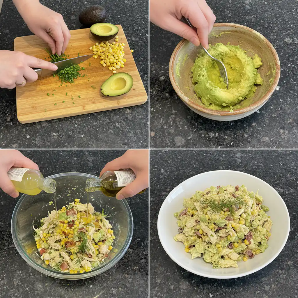 Hands gently mixing diced avocado, shredded chicken, and dressing in a large bowl for avocado chicken salad.