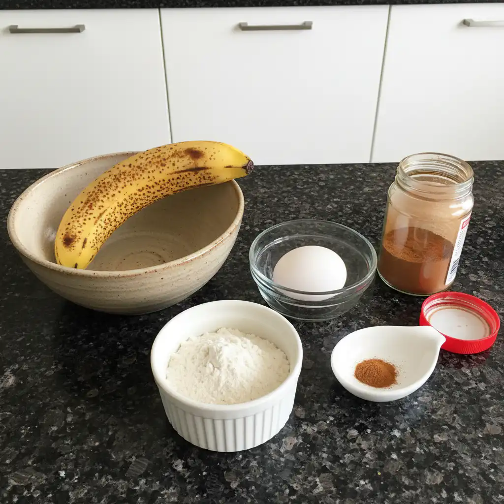 Fresh ingredients for baby banana pancakes laid out, including ripe baby bananas, flour, eggs, and milk.