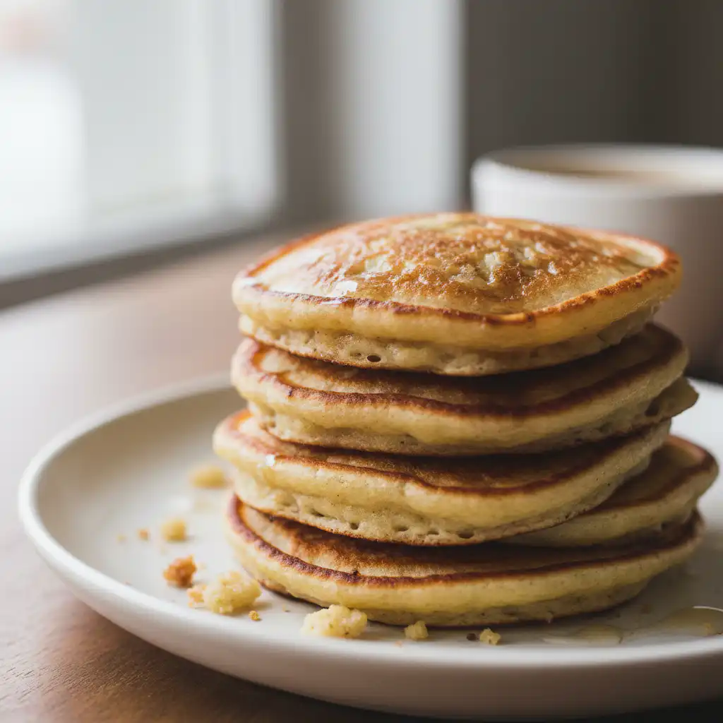 Fluffy golden baby banana pancakes stacked high, topped with fresh fruit and a drizzle of maple syrup.