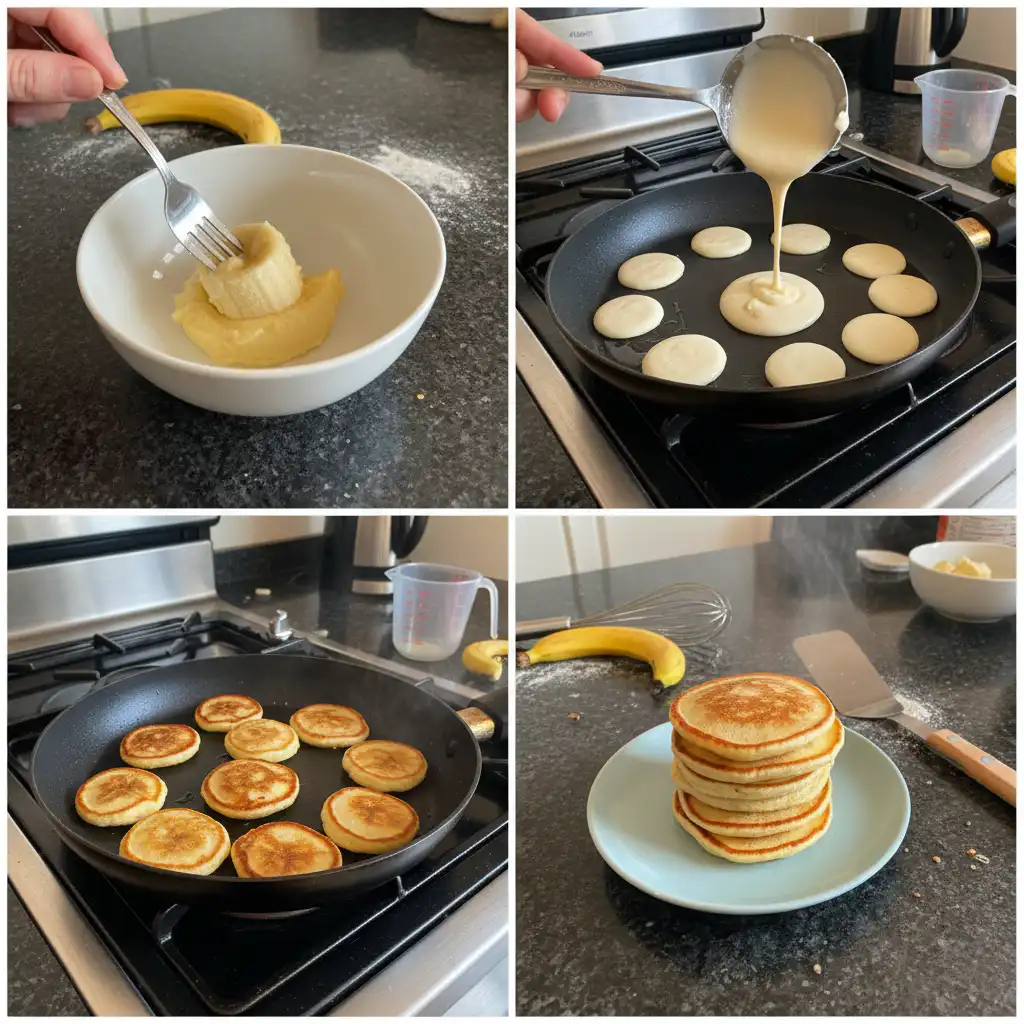A hand mashing ripe baby bananas in a bowl, a key step for making tender baby banana pancakes.