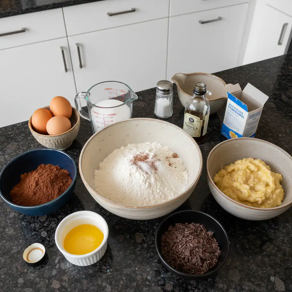Fresh bananas, flour, sugar, eggs, and chocolate chips neatly arranged for making banana bread brownies.